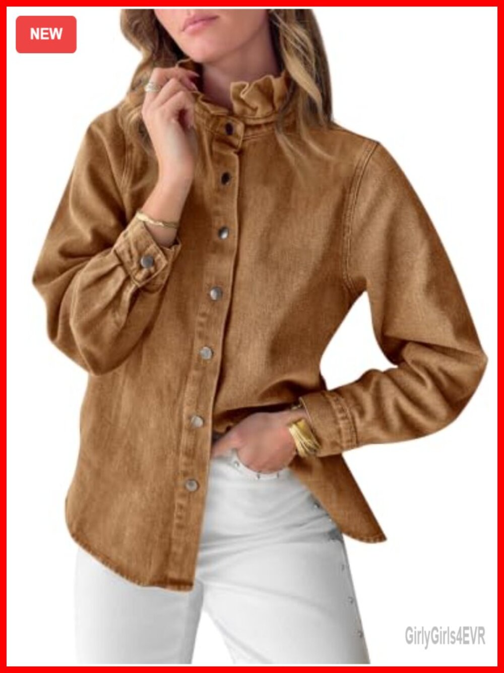 Womens Denim Button Down Shirt Long Sleeve Ruffle Collar Blouse